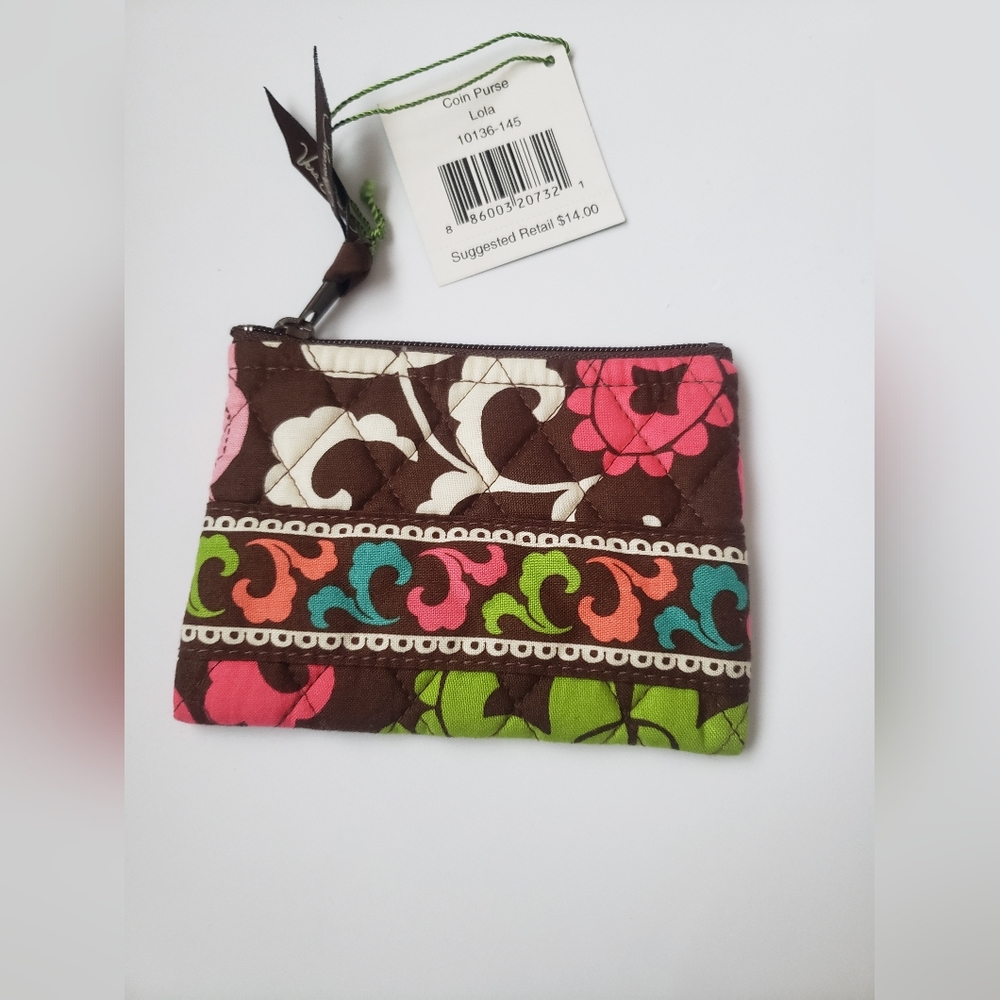 NWT Vera Bradley Coin Purse Lola brown, pink, green, blue and white Flora
